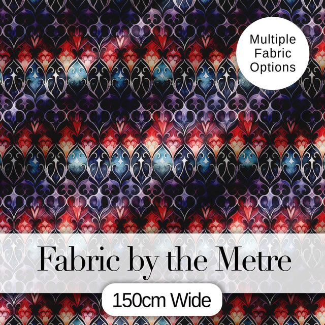 Elegant Gothic Floral Motif Red Blue and Purple Seamless Pattern Digital Print Fabric by the Metre UK Sewing Quilting Textile