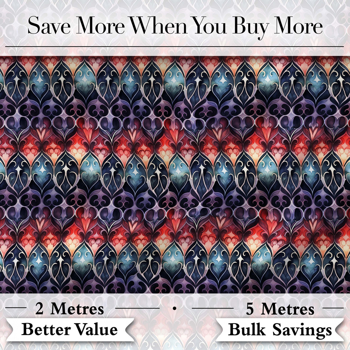Elegant Gothic Floral Motif Red Blue and Purple Seamless Pattern Digital Print Fabric by the Metre UK Sewing Quilting Textile