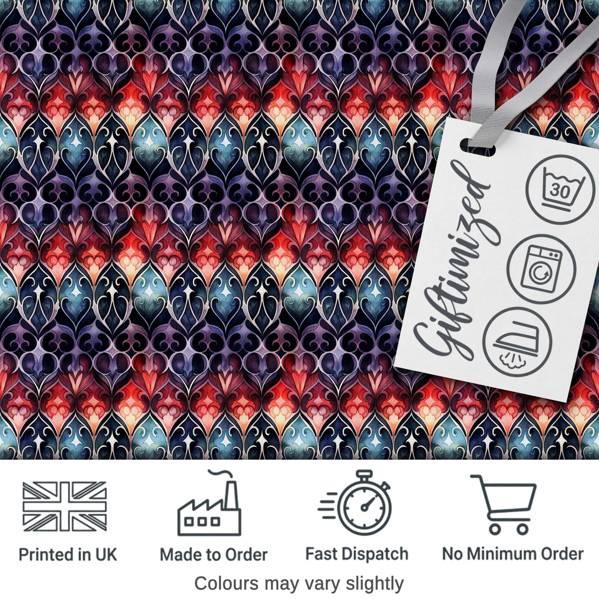 Elegant Gothic Floral Motif Red Blue and Purple Seamless Pattern Digital Print Fabric by the Metre UK Sewing Quilting Textile