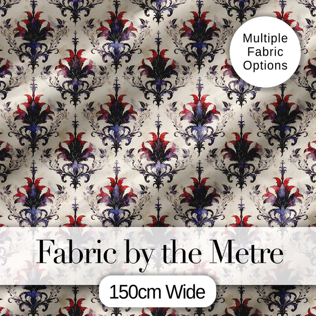 Vintage Floral Damask Red and Purple on Cream Seamless Pattern Digital Print Fabric by the Metre UK Sewing Quilting Textile
