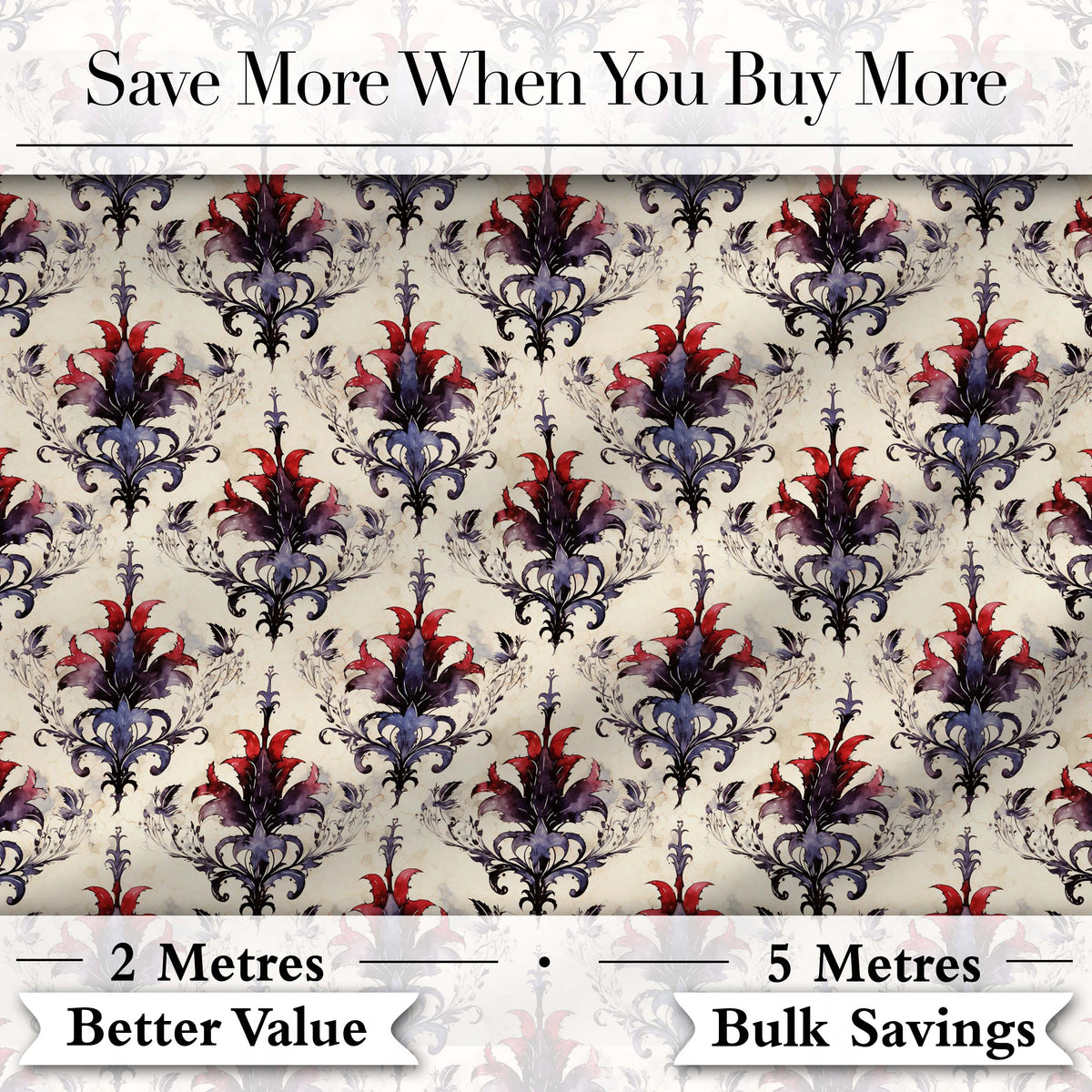 Vintage Floral Damask Red and Purple on Cream Seamless Pattern Digital Print Fabric by the Metre UK Sewing Quilting Textile