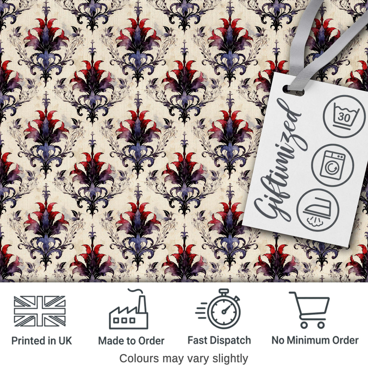Vintage Floral Damask Red and Purple on Cream Seamless Pattern Digital Print Fabric by the Metre UK Sewing Quilting Textile