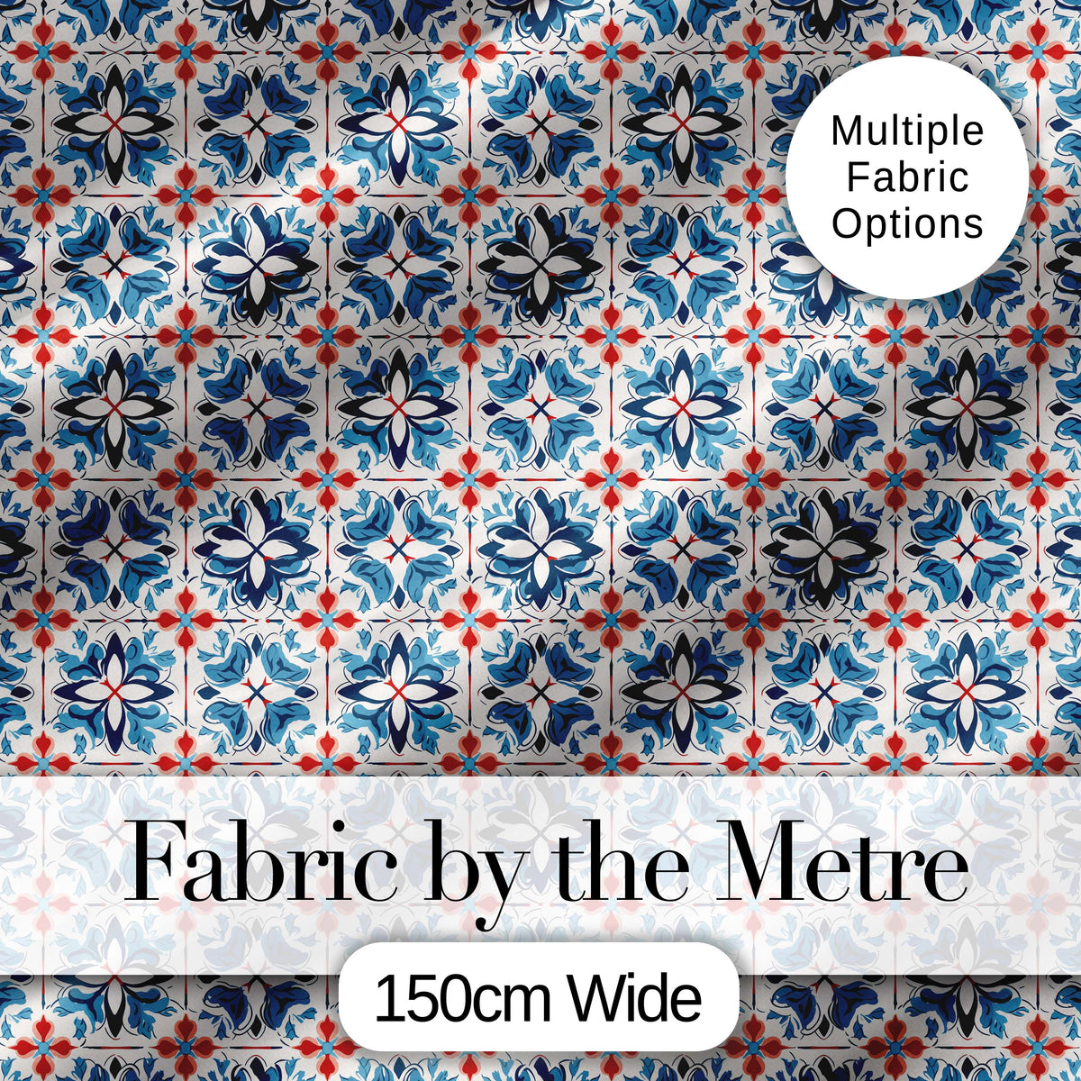 Traditional Blue Red Floral Tile Motif Seamless Pattern Digital Print Fabric by the Metre UK Sewing Quilting Textile