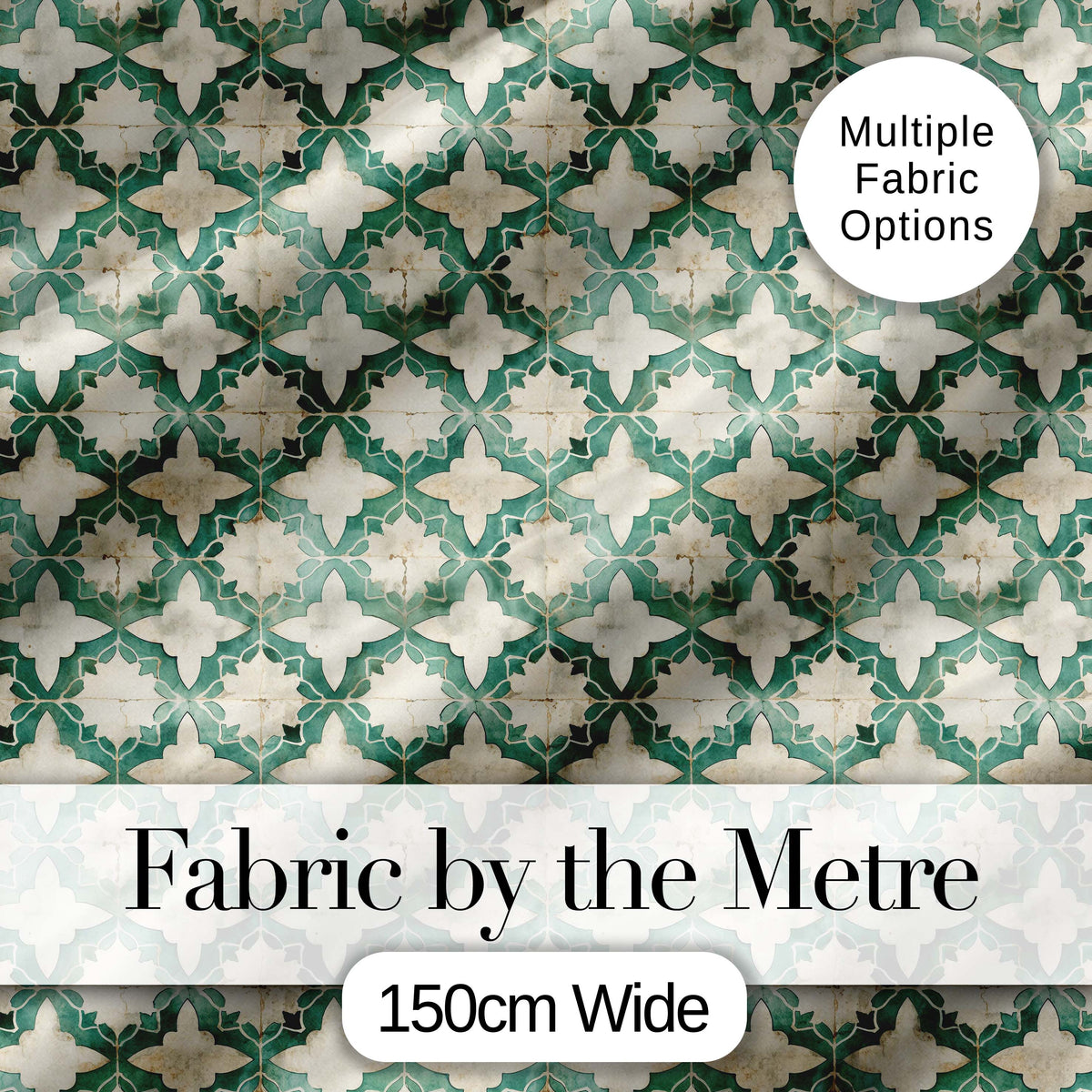 Vintage Distressed Moroccan Tile Green and Cream Seamless Pattern Digital Print Fabric by the Metre UK Sewing Quilting Textile