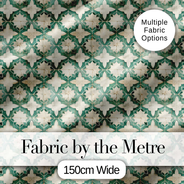Vintage Distressed Moroccan Tile Green and Cream Seamless Pattern Digital Print Fabric by the Metre UK Sewing Quilting Textile