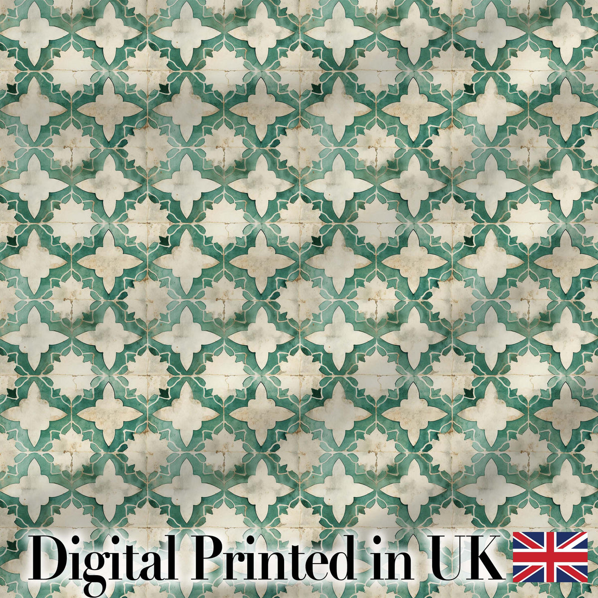 Vintage Distressed Moroccan Tile Green and Cream Seamless Pattern Digital Print Fabric by the Metre UK Sewing Quilting Textile