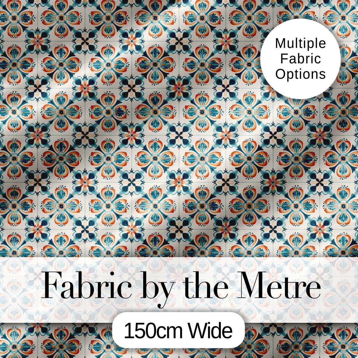 Decorative Floral Tile Pattern Teal Orange and Cream Seamless Pattern Digital Print Fabric by the Metre UK Sewing Quilting Textile