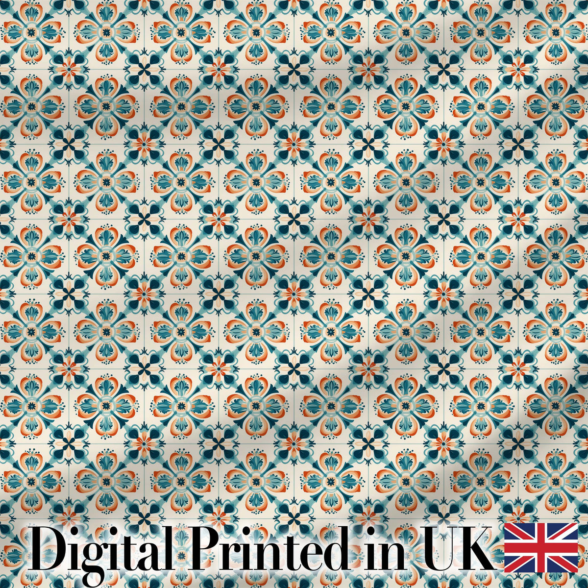 Decorative Floral Tile Pattern Teal Orange and Cream Seamless Pattern Digital Print Fabric by the Metre UK Sewing Quilting Textile