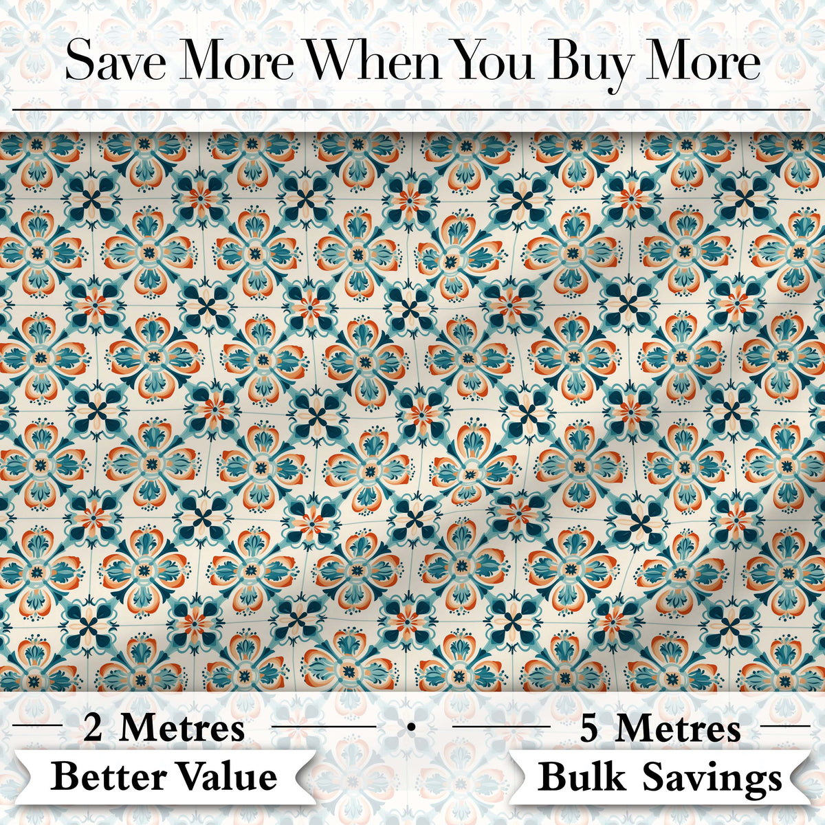 Decorative Floral Tile Pattern Teal Orange and Cream Seamless Pattern Digital Print Fabric by the Metre UK Sewing Quilting Textile