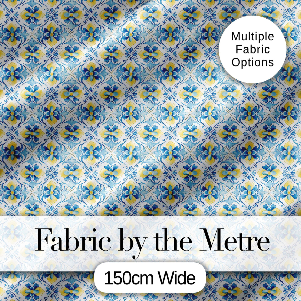 Classic Blue Yellow Tile Floral Motif Seamless Pattern Digital Print Fabric by the Metre UK Sewing Quilting Textile