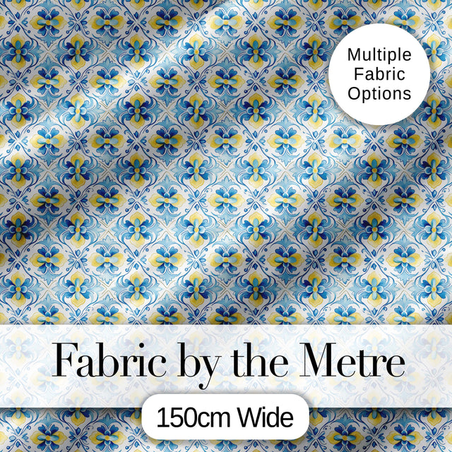 Classic Blue Yellow Tile Floral Motif Seamless Pattern Digital Print Fabric by the Metre UK Sewing Quilting Textile