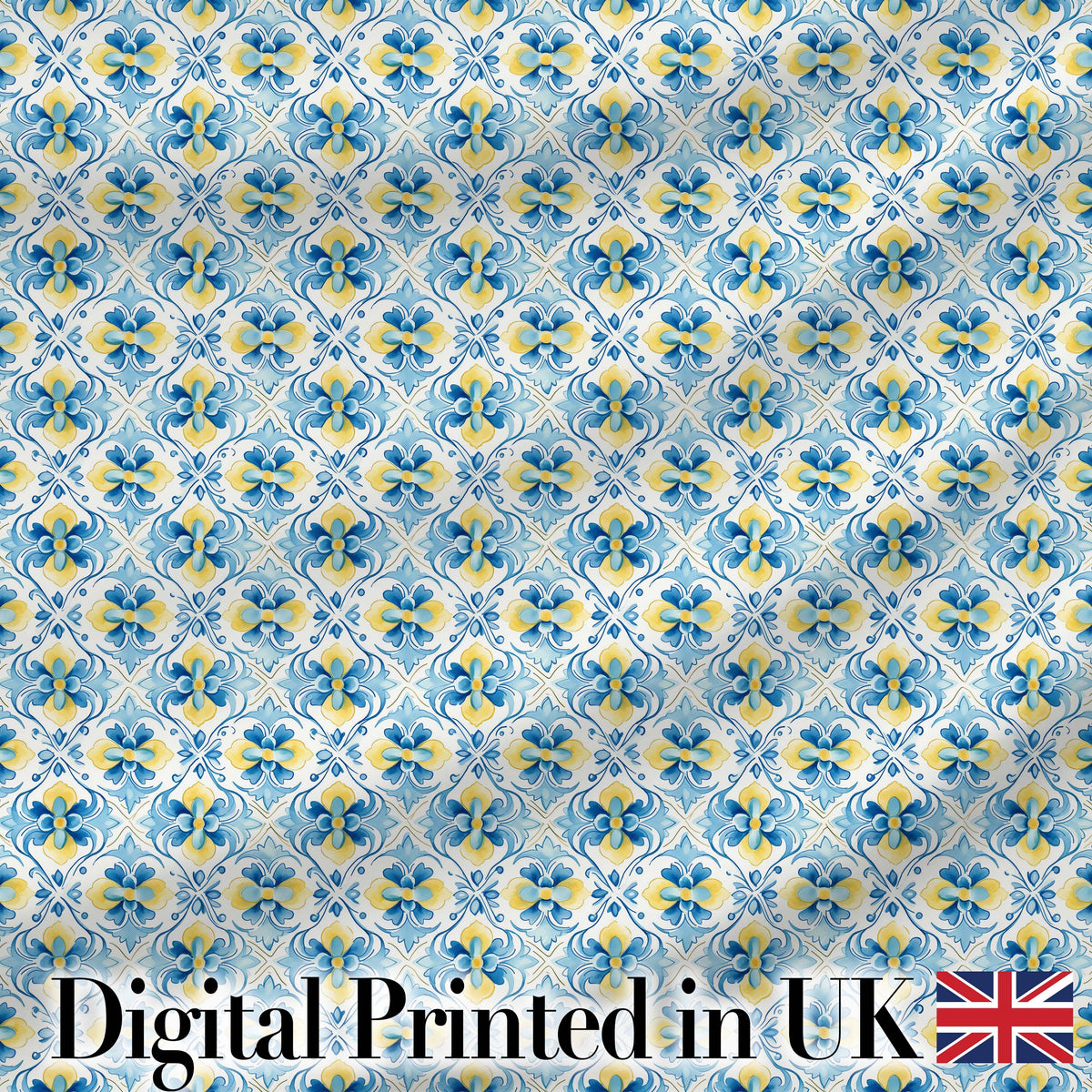 Classic Blue Yellow Tile Floral Motif Seamless Pattern Digital Print Fabric by the Metre UK Sewing Quilting Textile