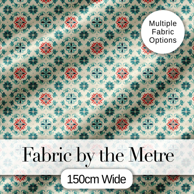 Vintage Inspired Floral Medallion Teal and Red Seamless Pattern Digital Print Fabric by the Metre UK Sewing Quilting Textile