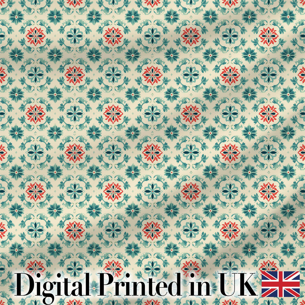 Vintage Inspired Floral Medallion Teal and Red Seamless Pattern Digital Print Fabric by the Metre UK Sewing Quilting Textile