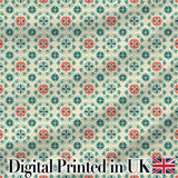 Vintage Inspired Floral Medallion Teal and Red Seamless Pattern Digital Print Fabric by the Metre UK Sewing Quilting Textile