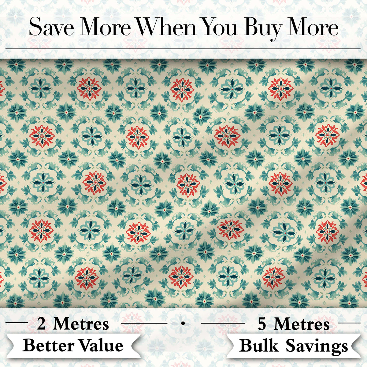 Vintage Inspired Floral Medallion Teal and Red Seamless Pattern Digital Print Fabric by the Metre UK Sewing Quilting Textile