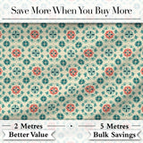 Vintage Inspired Floral Medallion Teal and Red Seamless Pattern Digital Print Fabric by the Metre UK Sewing Quilting Textile