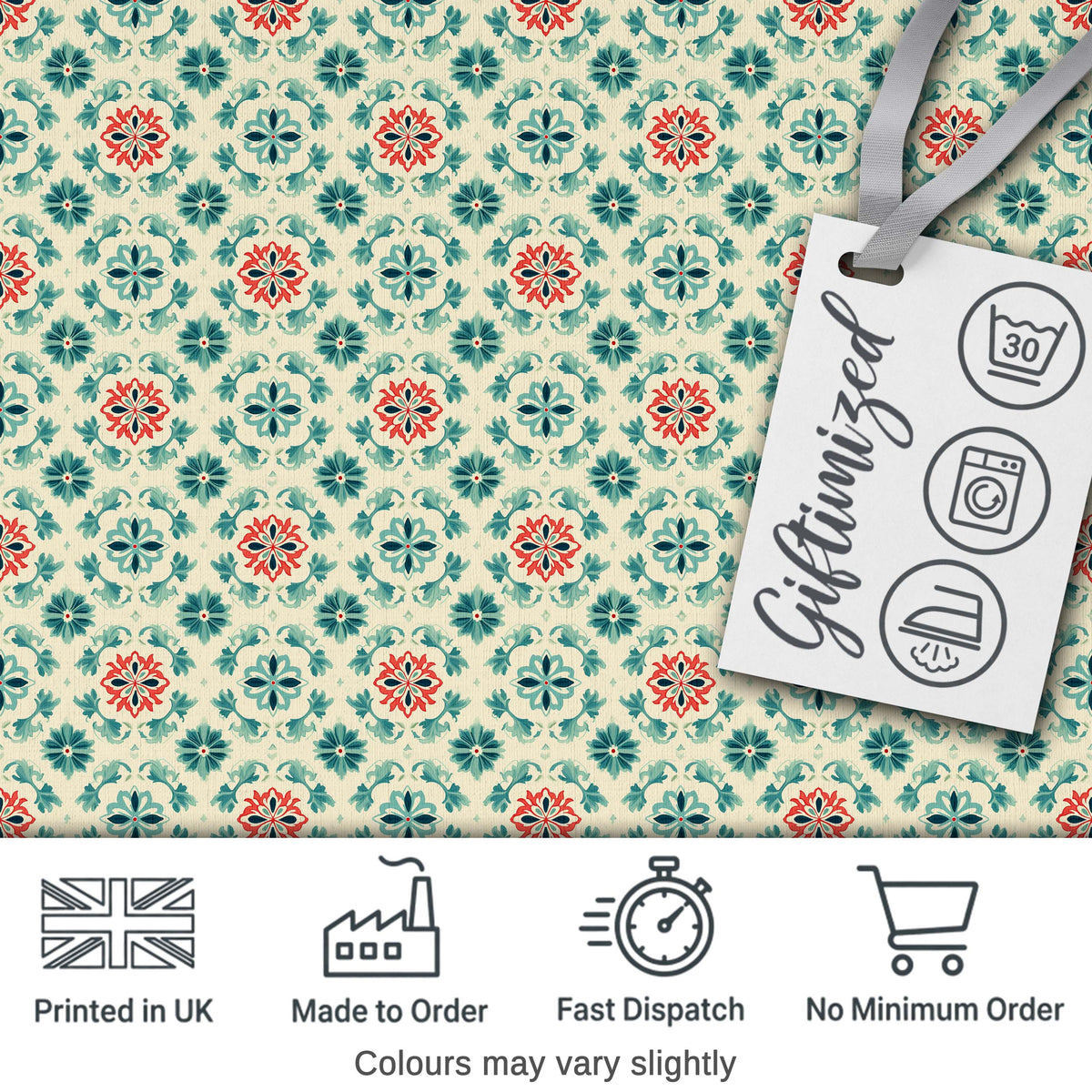 Vintage Inspired Floral Medallion Teal and Red Seamless Pattern Digital Print Fabric by the Metre UK Sewing Quilting Textile