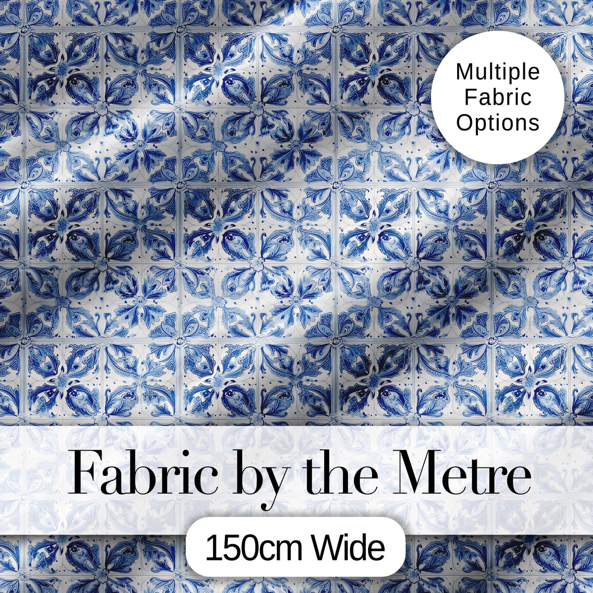 Classic Blue White Portuguese Tile Floral Seamless Pattern Digital Print Fabric by the Metre UK Sewing Quilting Textile