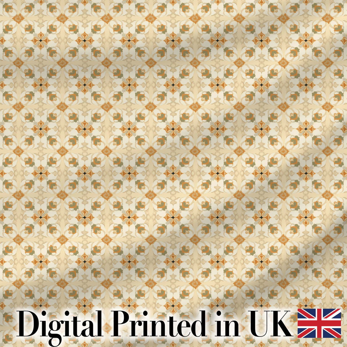Warm Beige Orange Vintage Tile Floral Seamless Pattern Digital Print Fabric by the Metre UK Sewing Quilting Textile