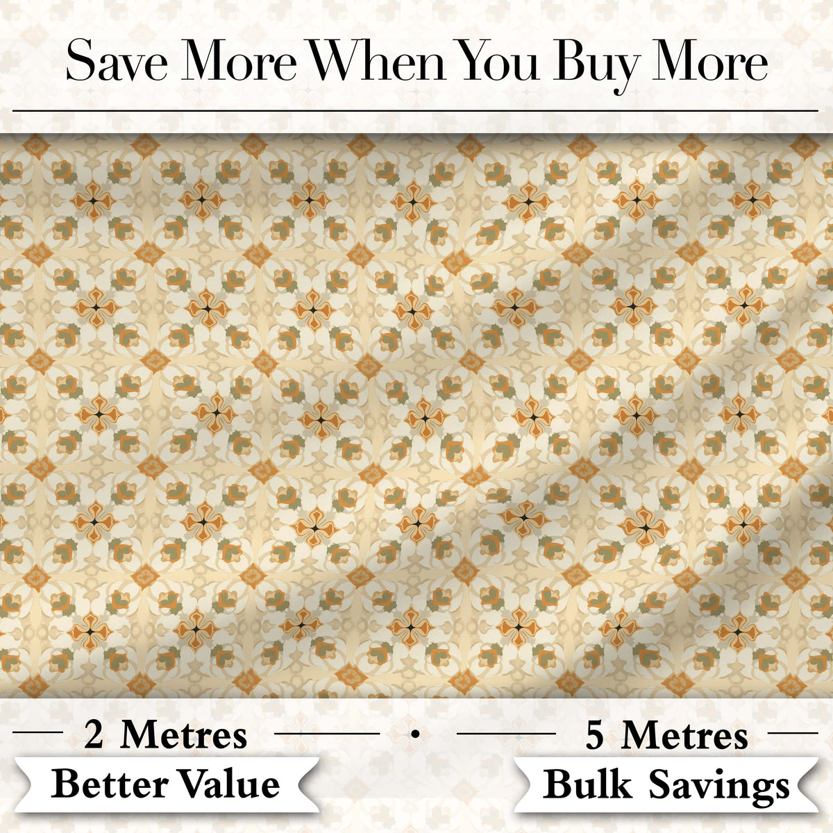Warm Beige Orange Vintage Tile Floral Seamless Pattern Digital Print Fabric by the Metre UK Sewing Quilting Textile