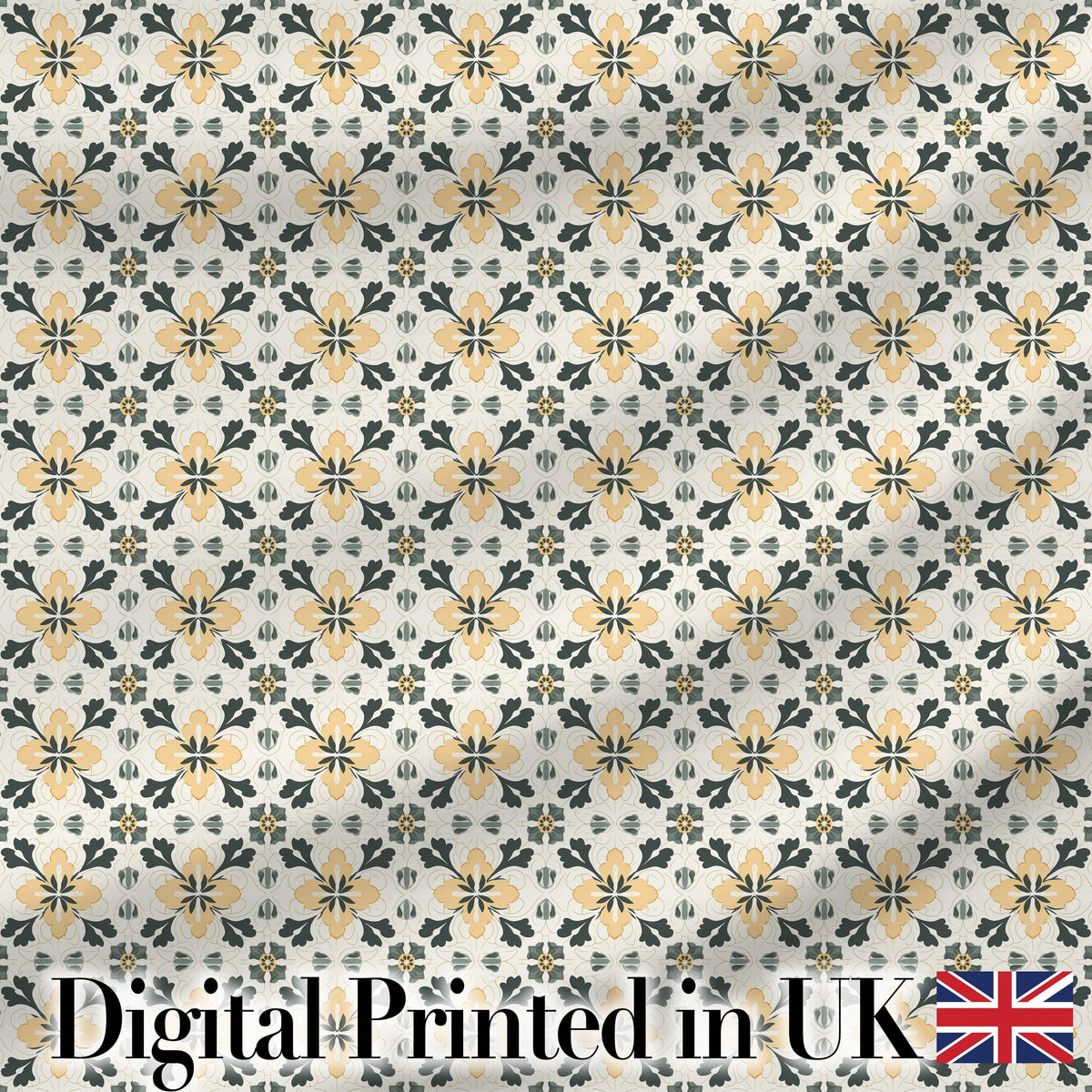 Stylish Black Gold Floral Tile Motif Seamless Pattern Digital Print Fabric by the Metre UK Sewing Quilting Textile