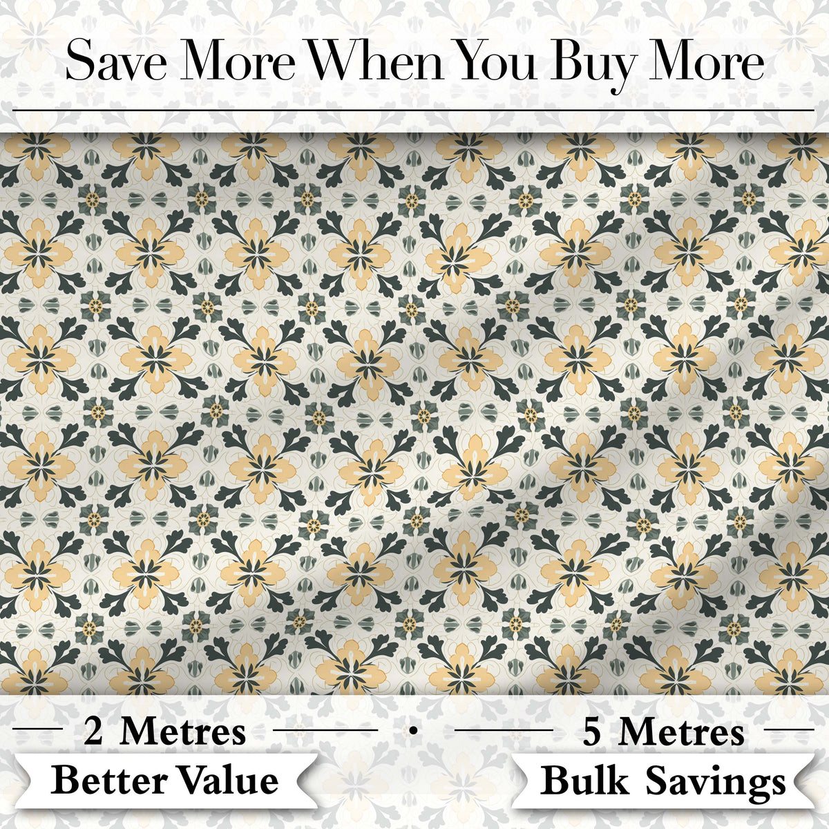 Stylish Black Gold Floral Tile Motif Seamless Pattern Digital Print Fabric by the Metre UK Sewing Quilting Textile