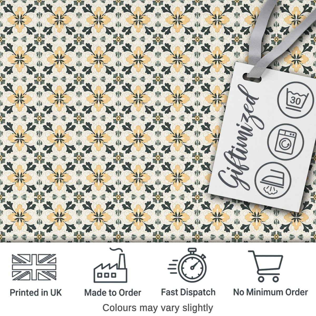 Stylish Black Gold Floral Tile Motif Seamless Pattern Digital Print Fabric by the Metre UK Sewing Quilting Textile