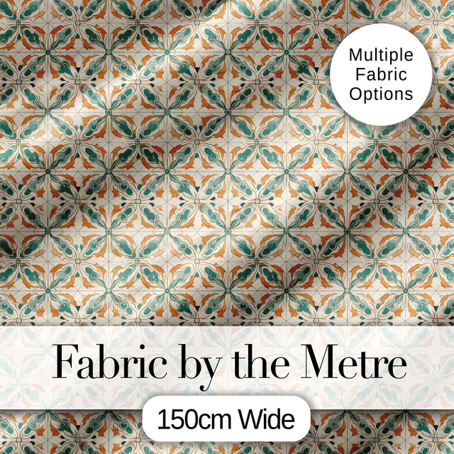 Orange Teal Geometric Floral Tile Seamless Pattern Digital Print Fabric by the Metre UK Sewing Quilting Textile