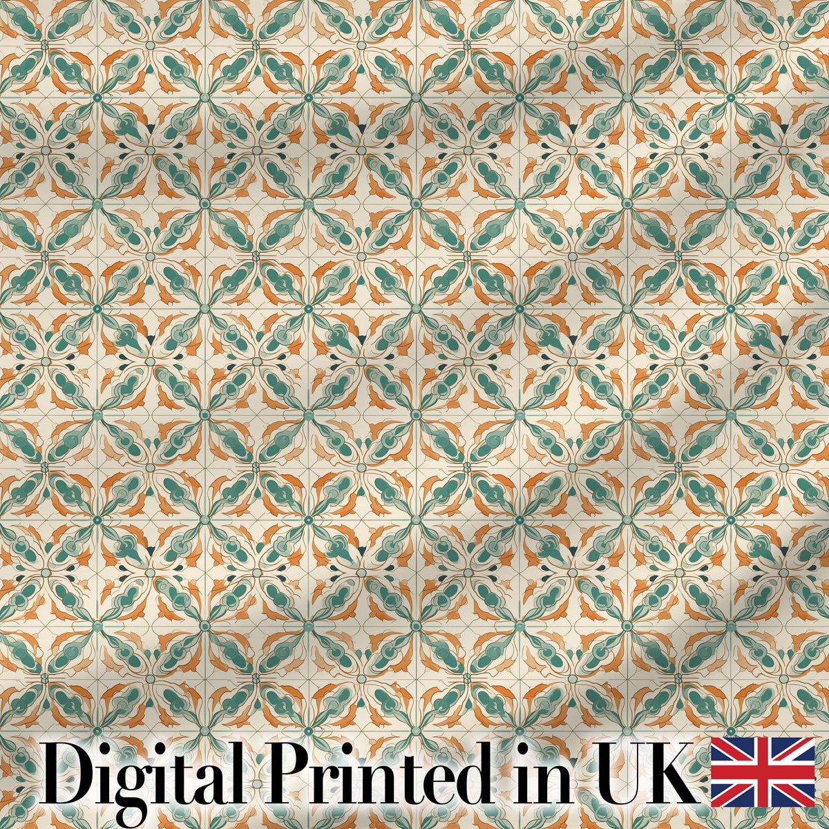 Orange Teal Geometric Floral Tile Seamless Pattern Digital Print Fabric by the Metre UK Sewing Quilting Textile