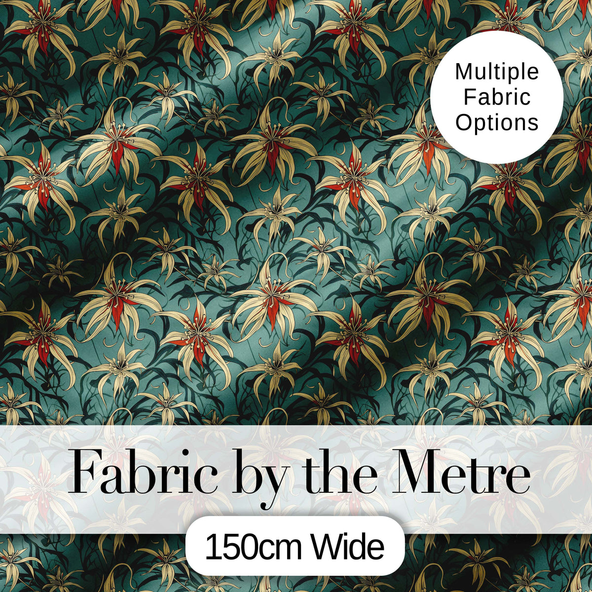 Elegant Tropical Lily Flowers Dark Teal Seamless Pattern Digital Print Fabric by the Metre UK Sewing Quilting Textile