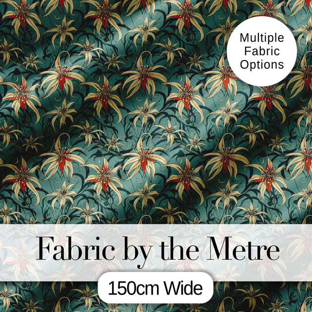 Elegant Tropical Lily Flowers Dark Teal Seamless Pattern Digital Print Fabric by the Metre UK Sewing Quilting Textile