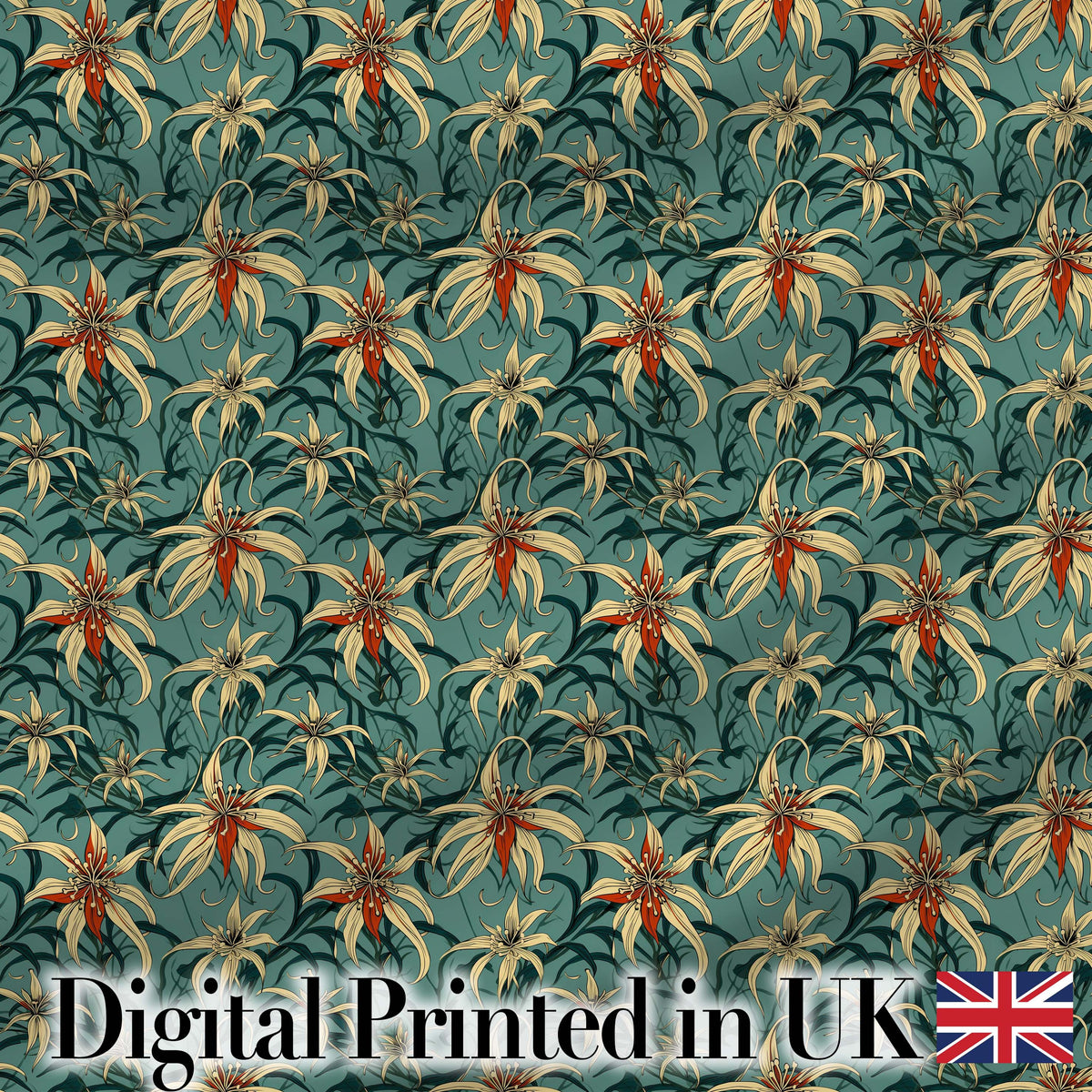Elegant Tropical Lily Flowers Dark Teal Seamless Pattern Digital Print Fabric by the Metre UK Sewing Quilting Textile