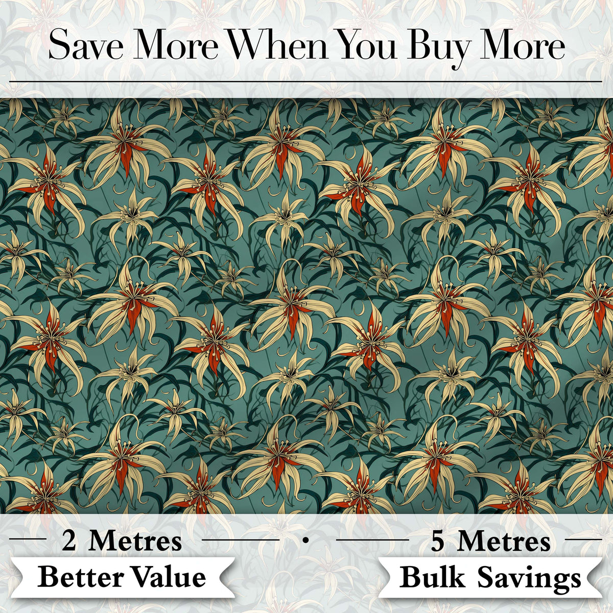 Elegant Tropical Lily Flowers Dark Teal Seamless Pattern Digital Print Fabric by the Metre UK Sewing Quilting Textile