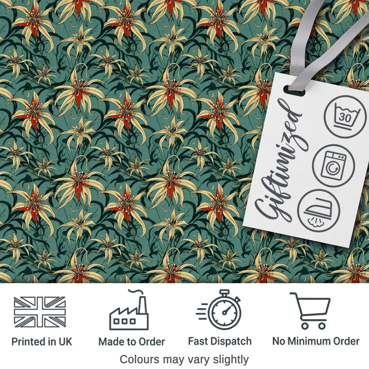 Elegant Tropical Lily Flowers Dark Teal Seamless Pattern Digital Print Fabric by the Metre UK Sewing Quilting Textile