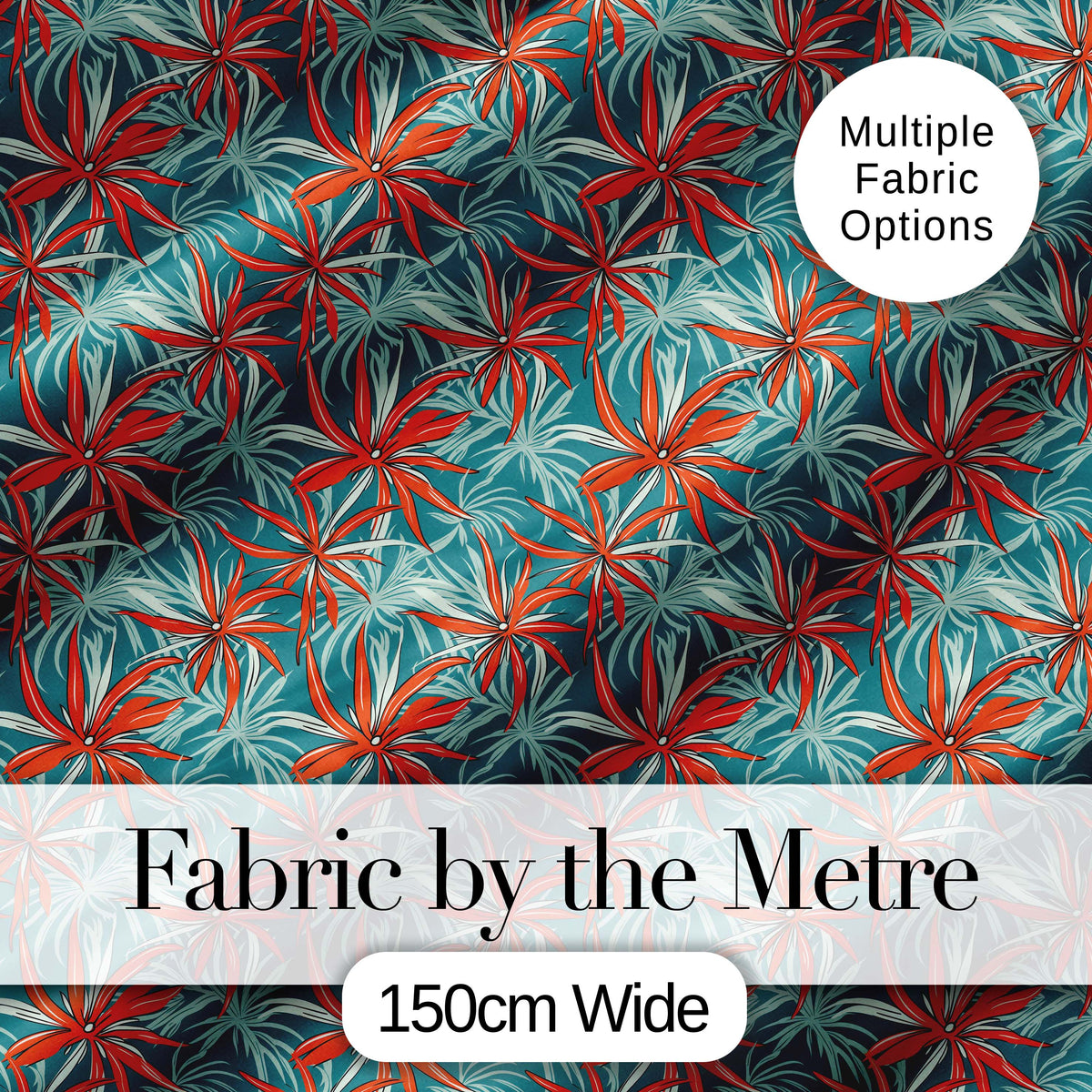 Bold Red Floral Starburst Teal Background Seamless Pattern Digital Print Fabric by the Metre UK Sewing Quilting Textile