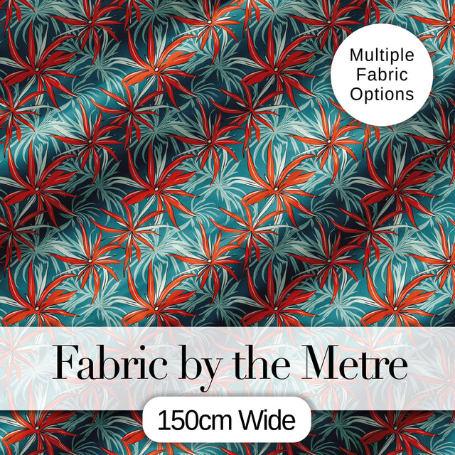 Bold Red Floral Starburst Teal Background Seamless Pattern Digital Print Fabric by the Metre UK Sewing Quilting Textile