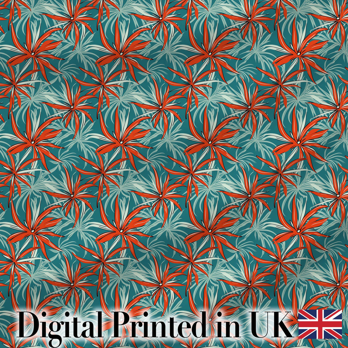 Bold Red Floral Starburst Teal Background Seamless Pattern Digital Print Fabric by the Metre UK Sewing Quilting Textile