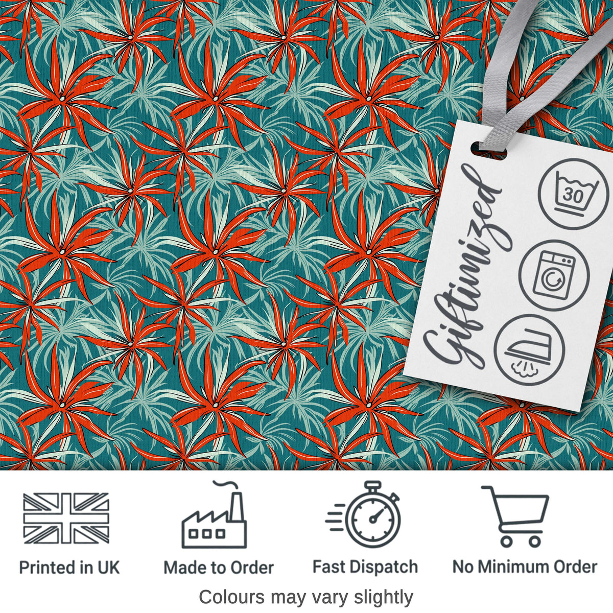 Bold Red Floral Starburst Teal Background Seamless Pattern Digital Print Fabric by the Metre UK Sewing Quilting Textile