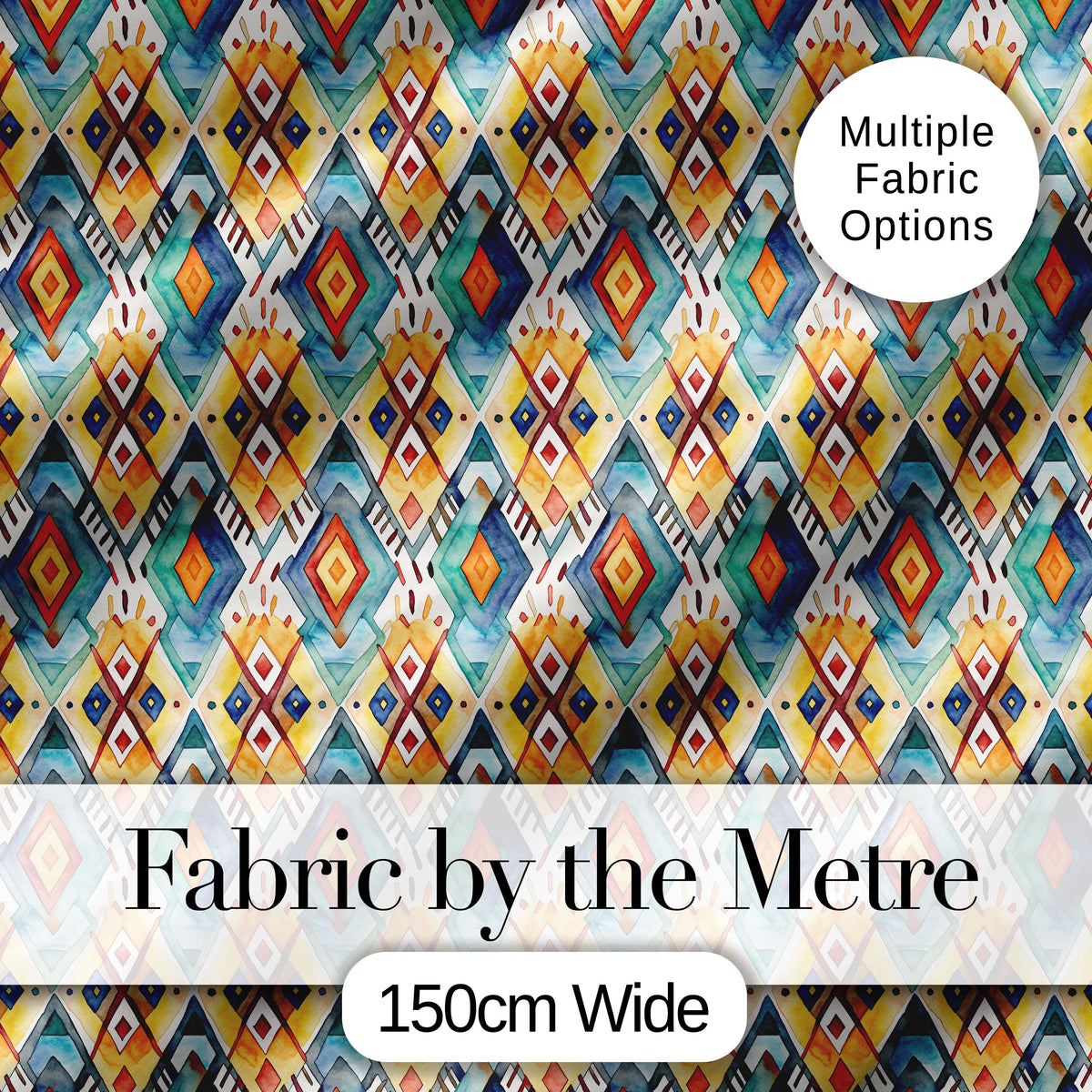 Colorful Diamond Aztec Tribal Watercolor Seamless Pattern Digital Print Fabric by the Metre UK Sewing Quilting Textile Design