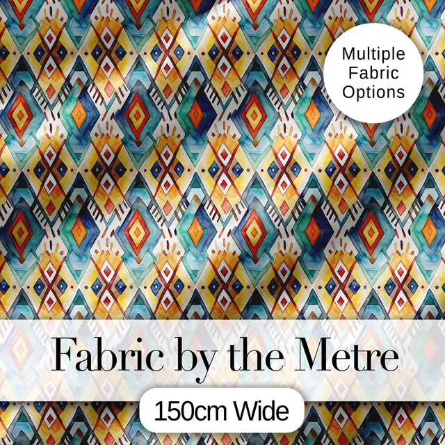 Colorful Diamond Aztec Tribal Watercolor Seamless Pattern Digital Print Fabric by the Metre UK Sewing Quilting Textile Design