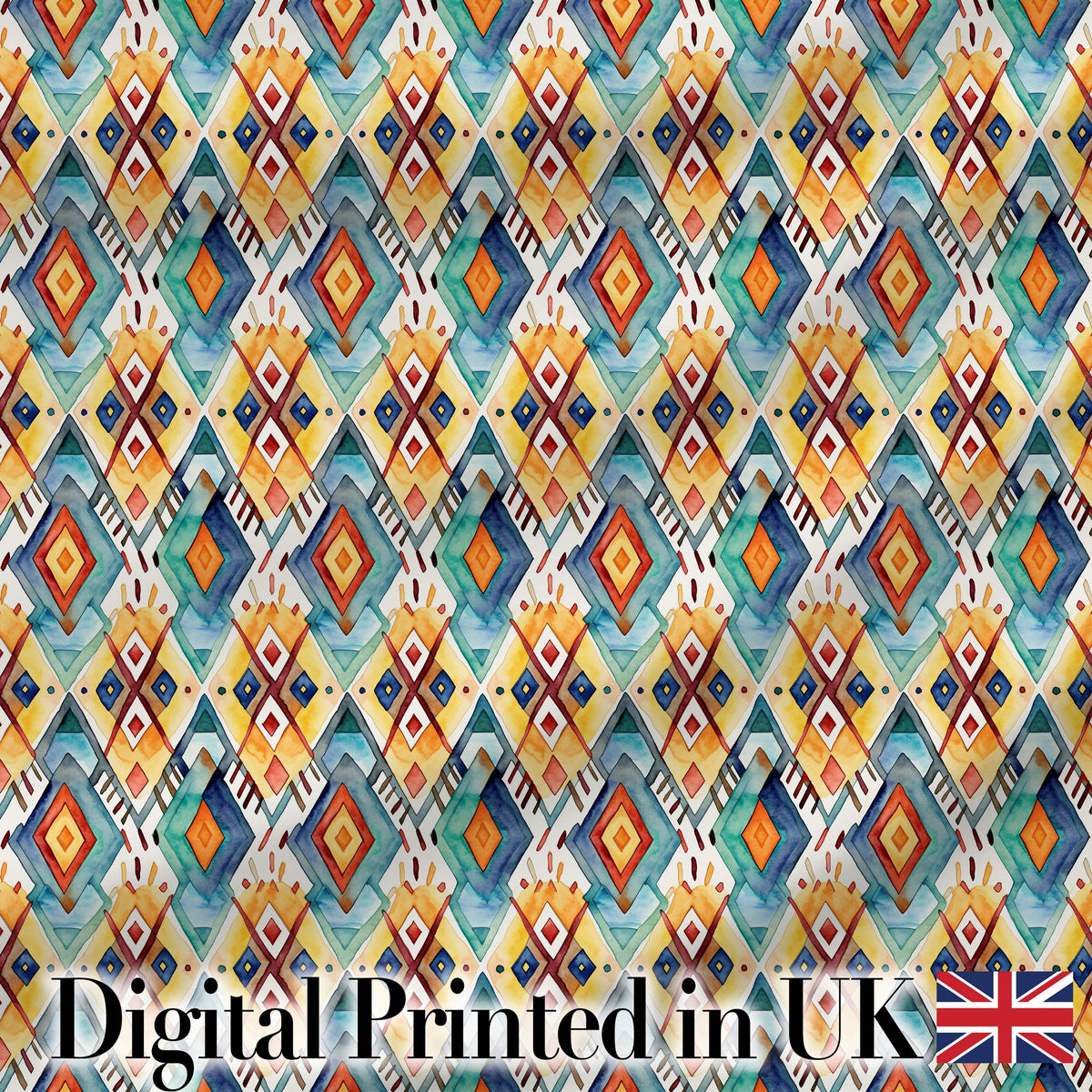 Colorful Diamond Aztec Tribal Watercolor Seamless Pattern Digital Print Fabric by the Metre UK Sewing Quilting Textile Design