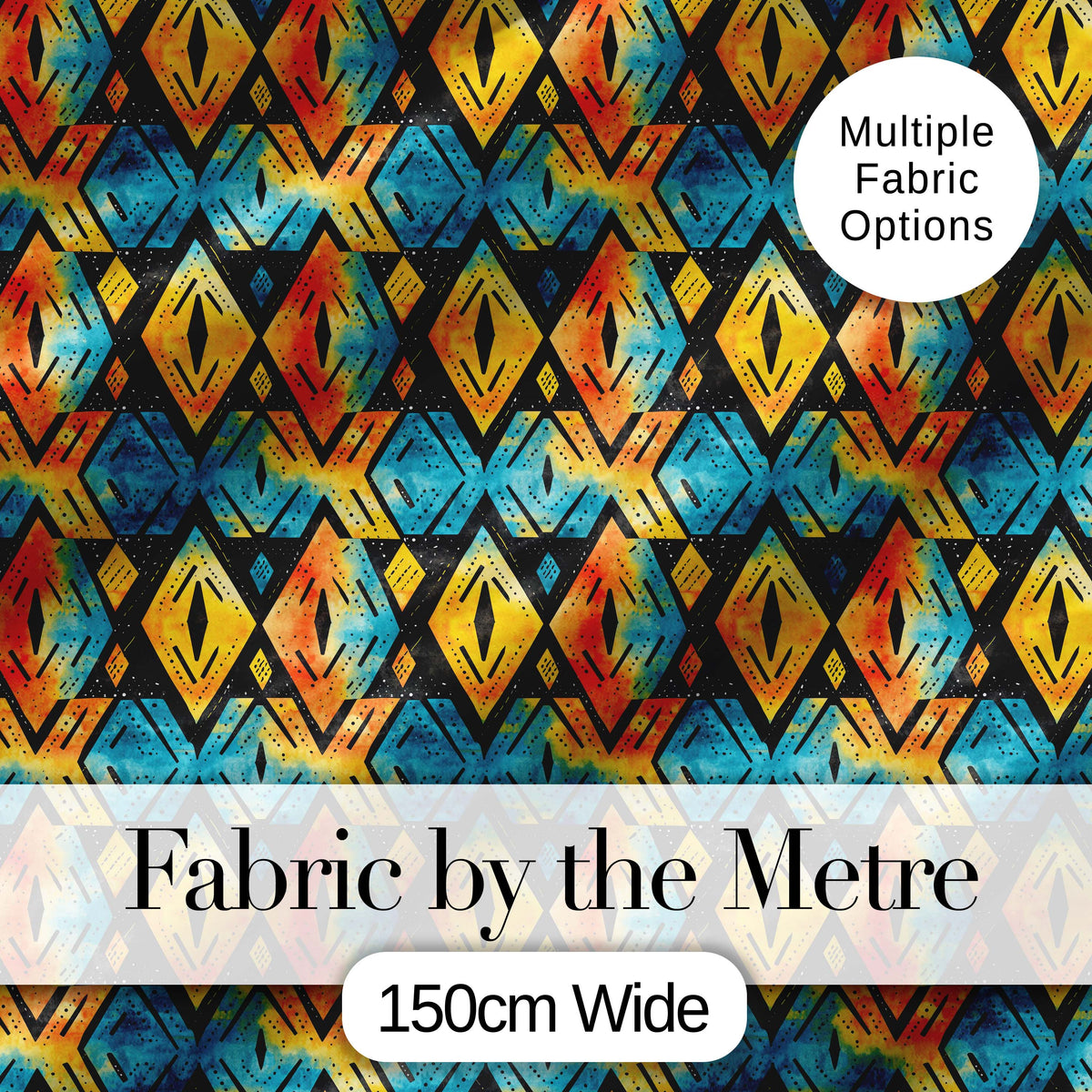 Bold Abstract Diamond Tribal Black Background Seamless Pattern Digital Print Fabric by the Metre UK Sewing Quilting Textile Design