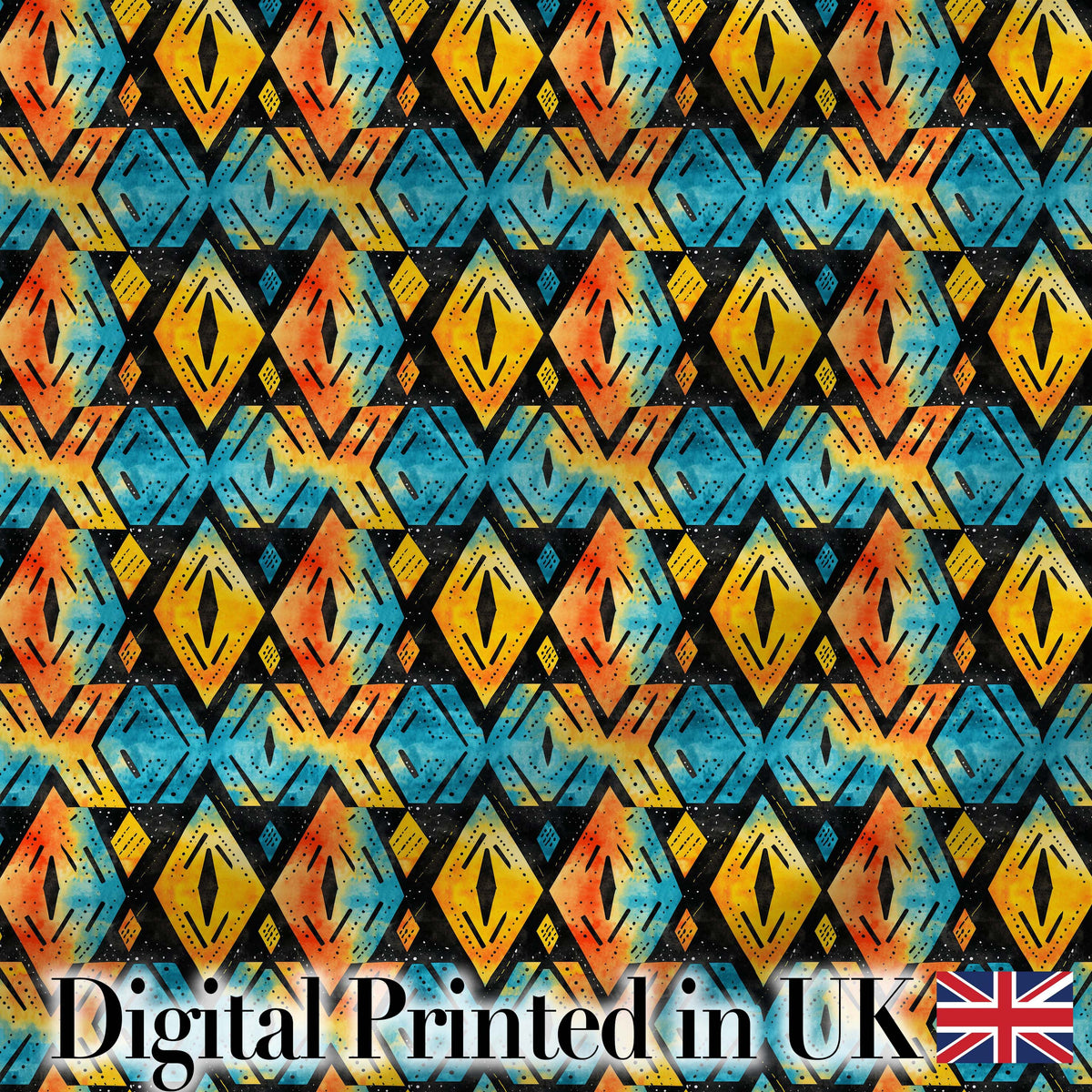Bold Abstract Diamond Tribal Black Background Seamless Pattern Digital Print Fabric by the Metre UK Sewing Quilting Textile Design