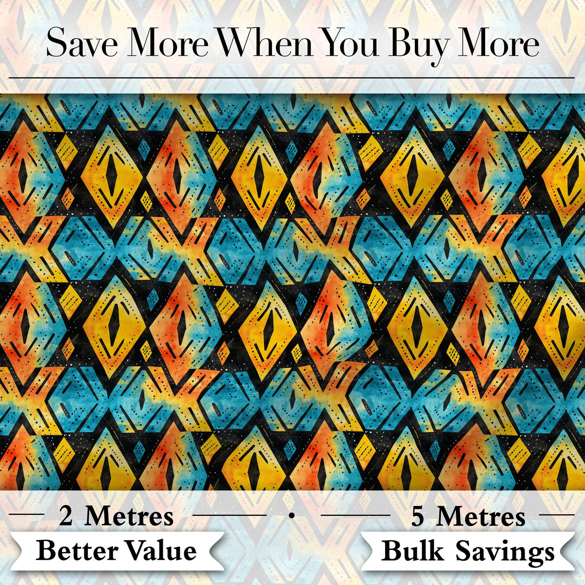 Bold Abstract Diamond Tribal Black Background Seamless Pattern Digital Print Fabric by the Metre UK Sewing Quilting Textile Design