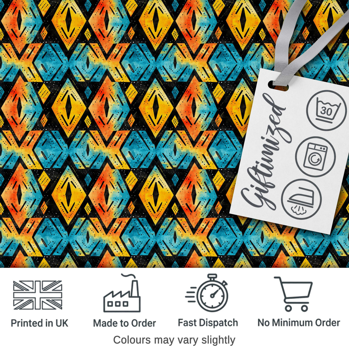 Bold Abstract Diamond Tribal Black Background Seamless Pattern Digital Print Fabric by the Metre UK Sewing Quilting Textile Design
