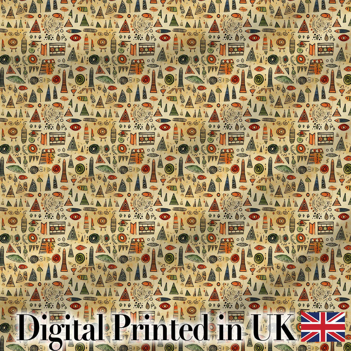 Earthy Tribal Symbols Hand Drawn Ethnic Seamless Pattern Digital Print Fabric by the Metre UK Sewing Quilting Textile Design