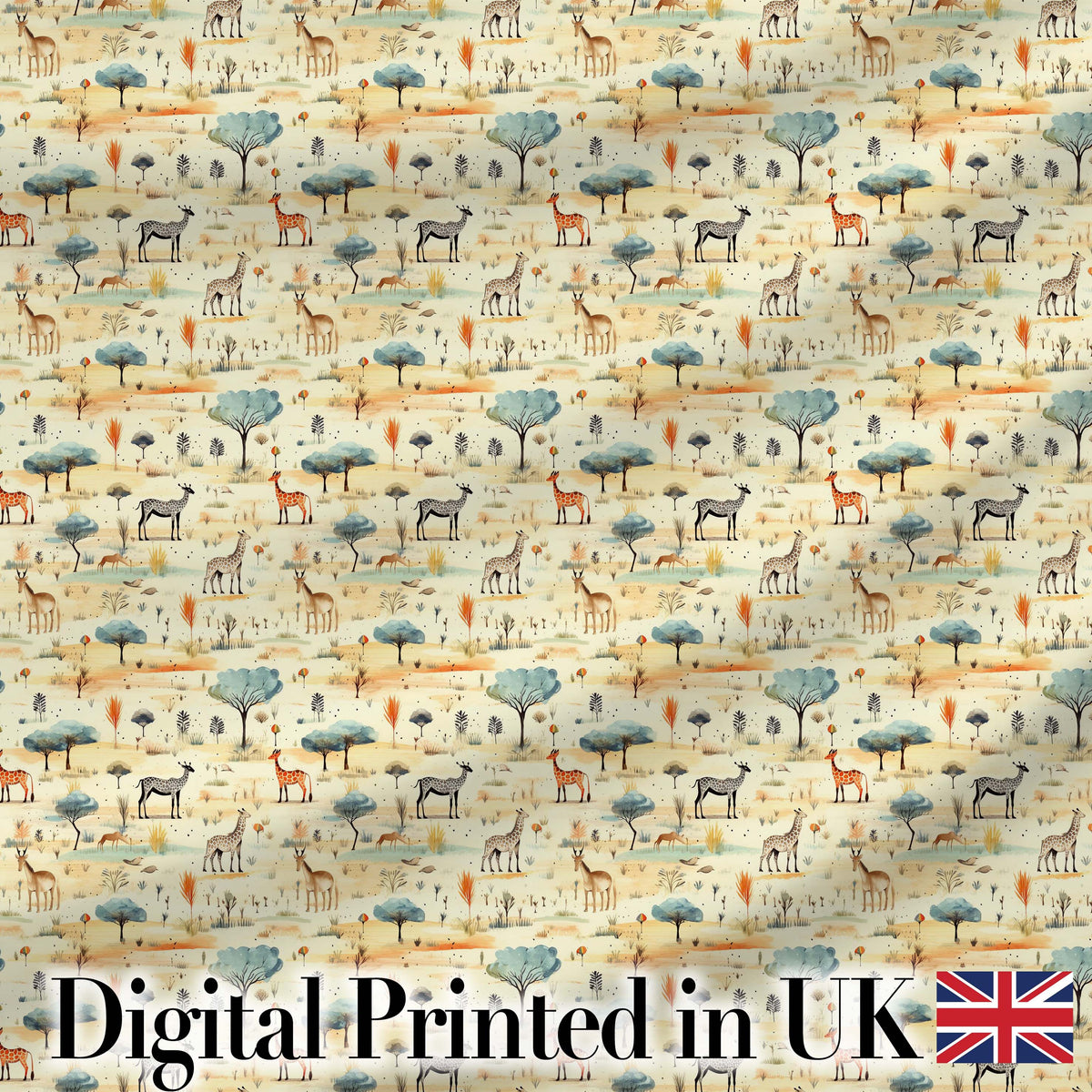 Safari Animals Giraffe Deer Trees Nature Scene Seamless Pattern Digital Print Fabric by the Metre UK Sewing Quilting Textile Design