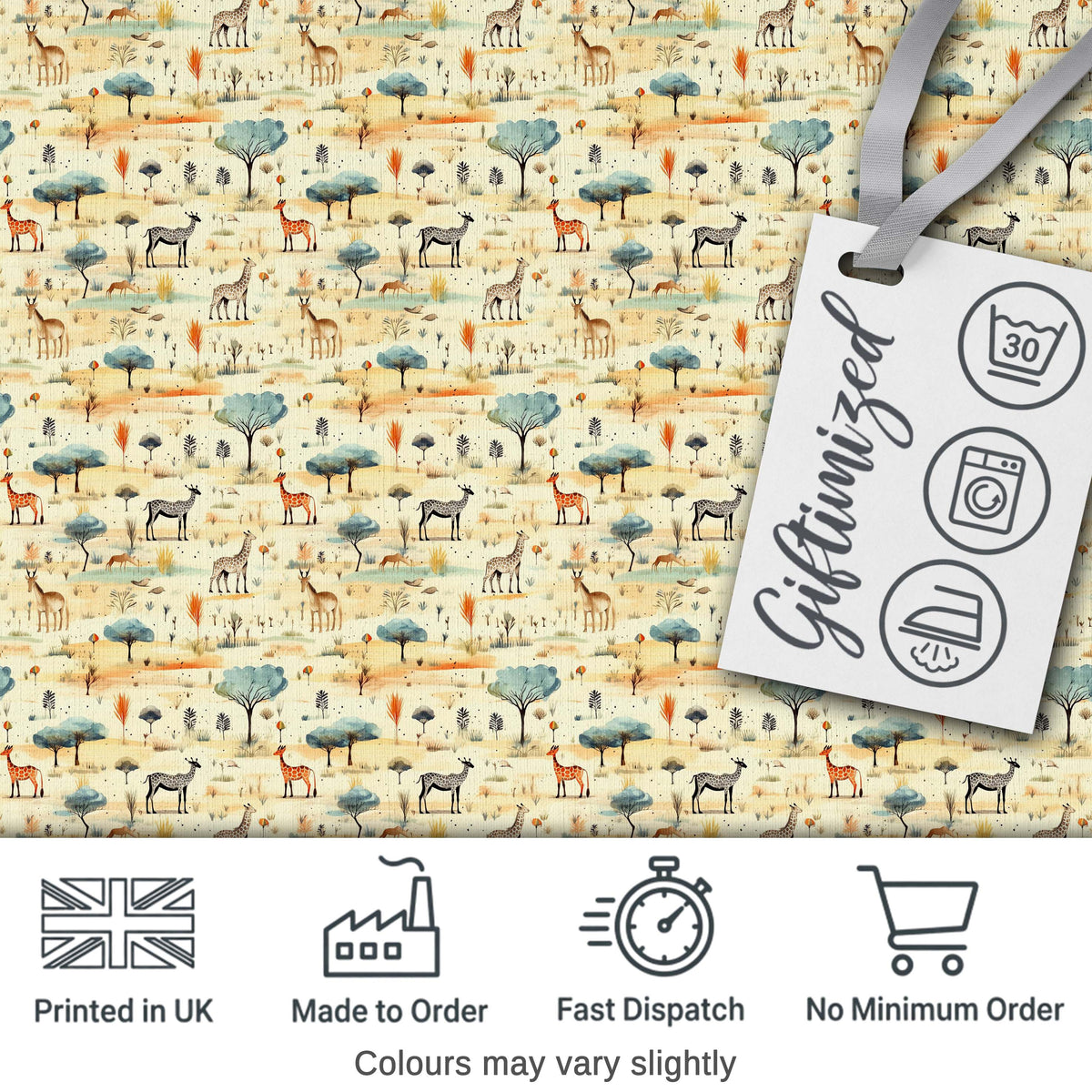 Safari Animals Giraffe Deer Trees Nature Scene Seamless Pattern Digital Print Fabric by the Metre UK Sewing Quilting Textile Design
