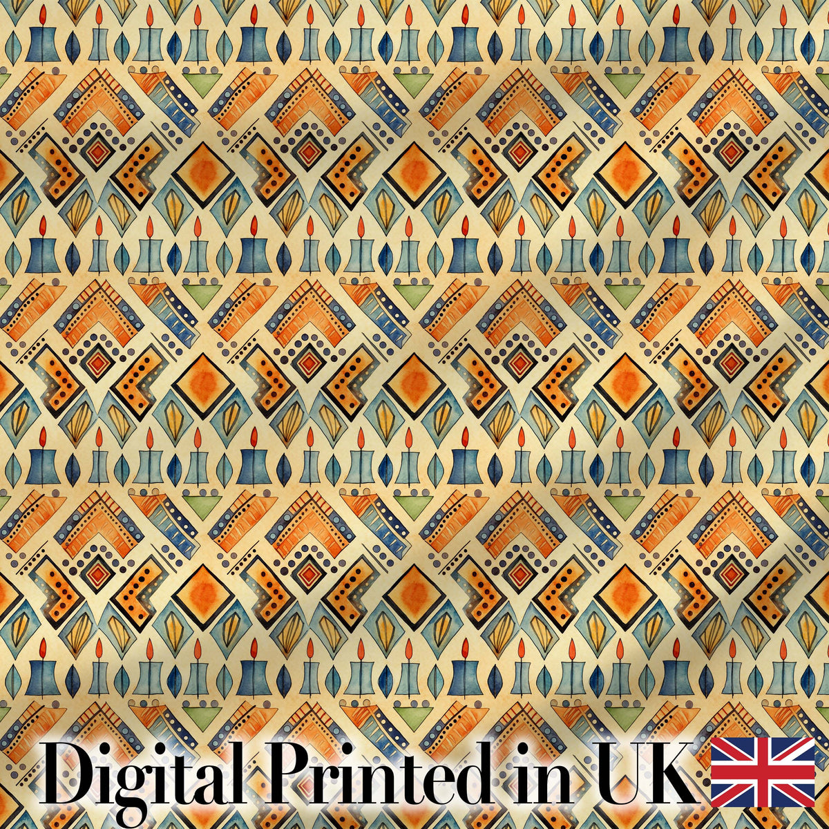Geometric Tribal Candle Motif Ethnic Pattern Seamless Pattern Digital Print Fabric by the Metre UK Sewing Quilting Textile Design